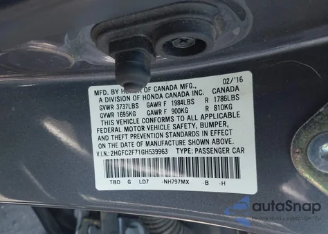 2016 Honda Civic Ex z USA, uszkodzony, nr VIN 2HGFC2F71GH539963